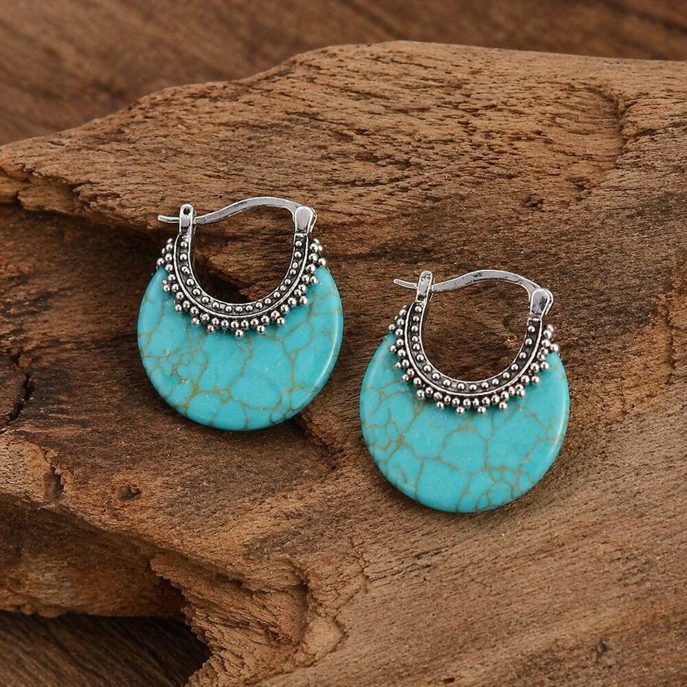 Southwest Turquoise Silver Hoop Earrings Boho Tribal Tibetan Artisan Sundance